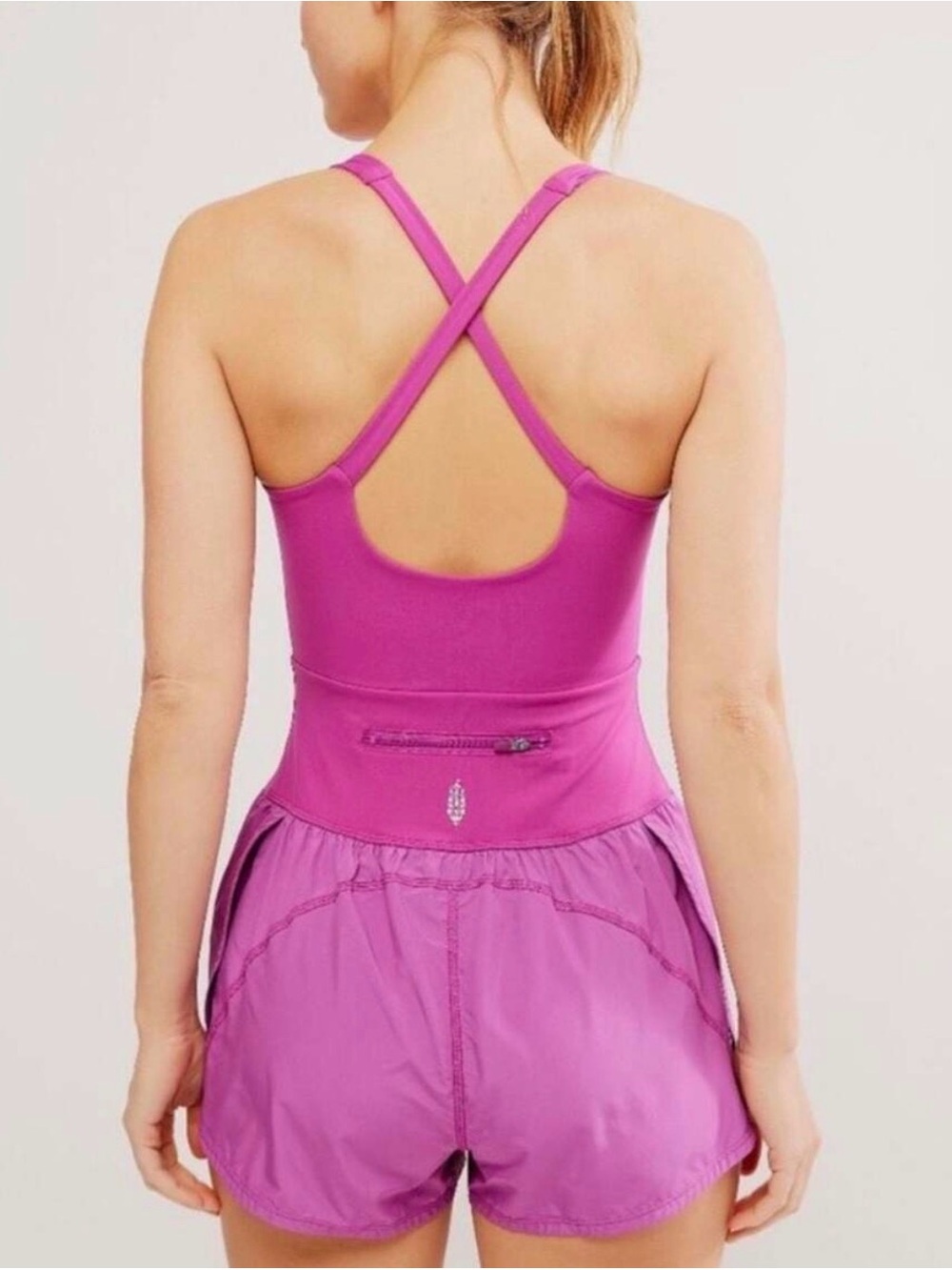 FP Movement by Free People Magenta Performance Romper with Crisscross Back